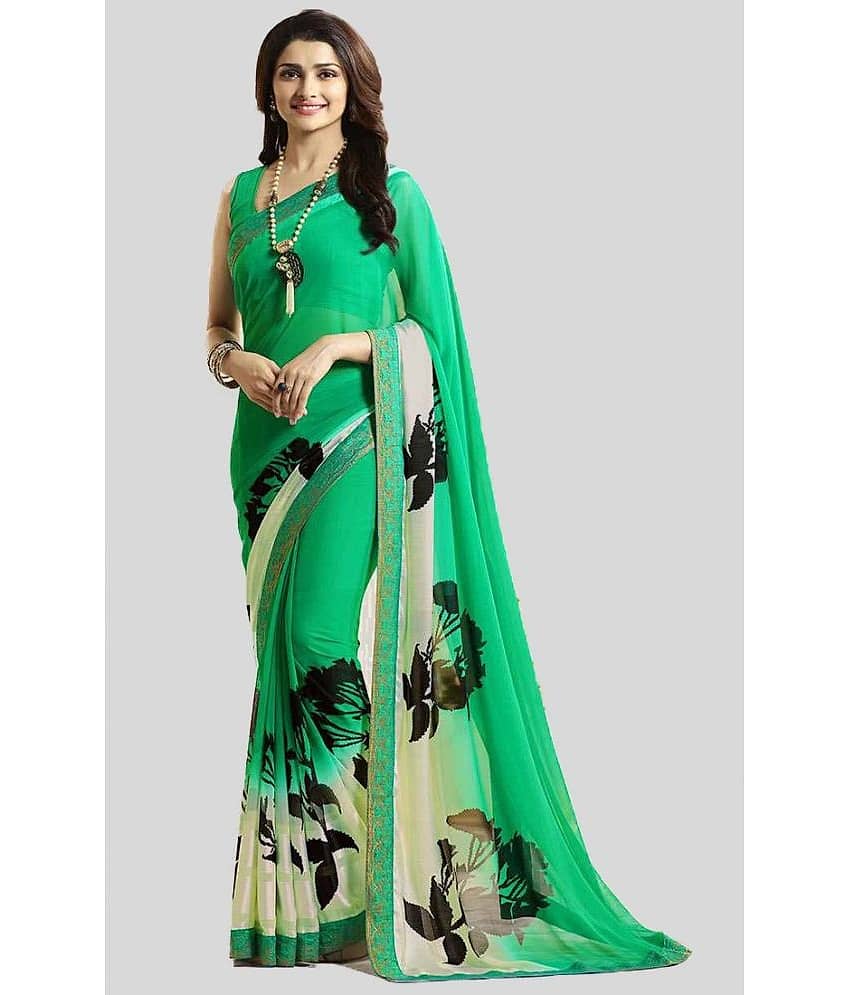 Gazal Fashions Chiffon Printed Saree With Unstitched Blouse Piece ( Green )