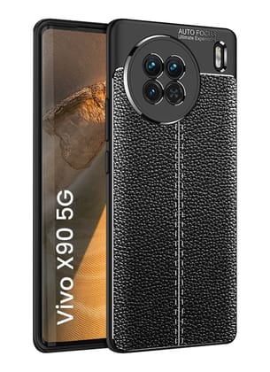 Vegan Leather Rugged Flexible TPU Series Shockproof Armor Back Cover for Vivo X90 5G, 6.78 inch, Black
