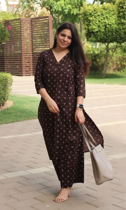 Cotton Mocha Brown Kurta and Palazzo Coord Set-XXS