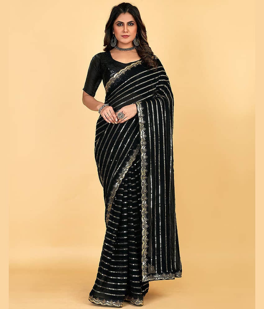 A TO Z CART Georgette Embellished Saree With Unstitched Blouse Piece ( Black )