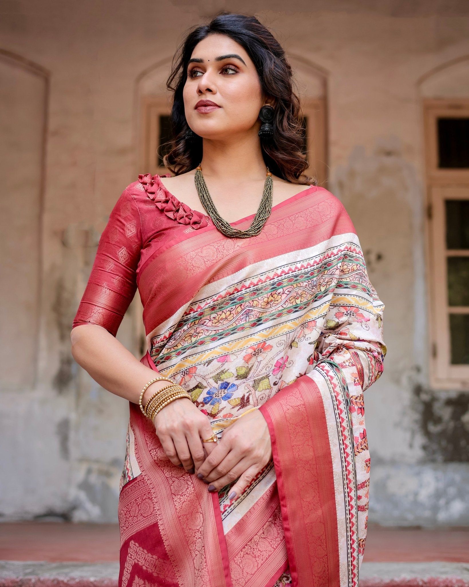 Red and Multicolor Digital Print Banarasi Silk Saree with Zari Weave and Tassel-Adorned Pallu-Regular