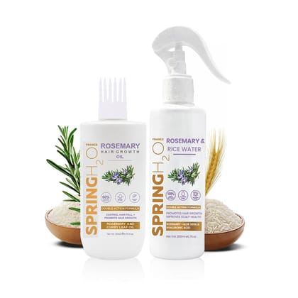 SPRING H2O Rosemary & Rice Water Spray and Rosemary Oil Combo for Hair Regrowth, Reduce Hair Fall, Strengthens Hair Roots & Strand, 400ml