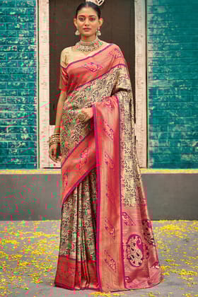 Chalky Beige and Pink Zari Woven Kanjivaram Silk Saree