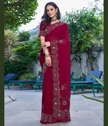 Satrani Georgette Embellished Saree With Unstitched Blouse Piece ( Green )