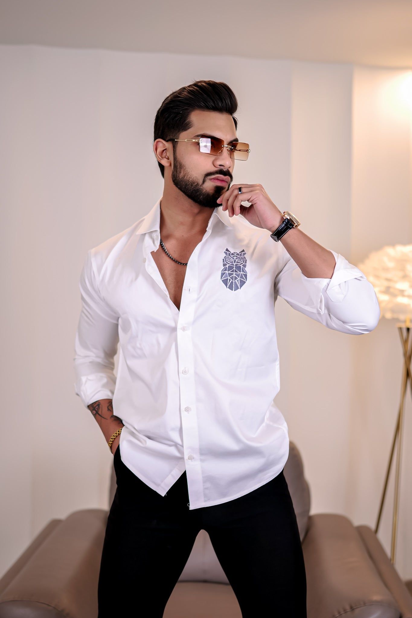 White Owl Embroidery Premium Satin Cotton Shirt
