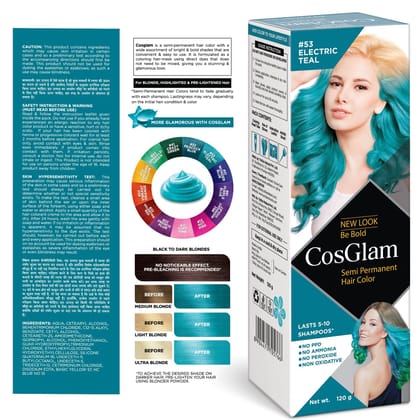 COSGLAM Semi Permanent Hair Color, No Peroxide, Non Oxidative, Ammonia Free Hair Colour 53 Electric Teal - 120gm