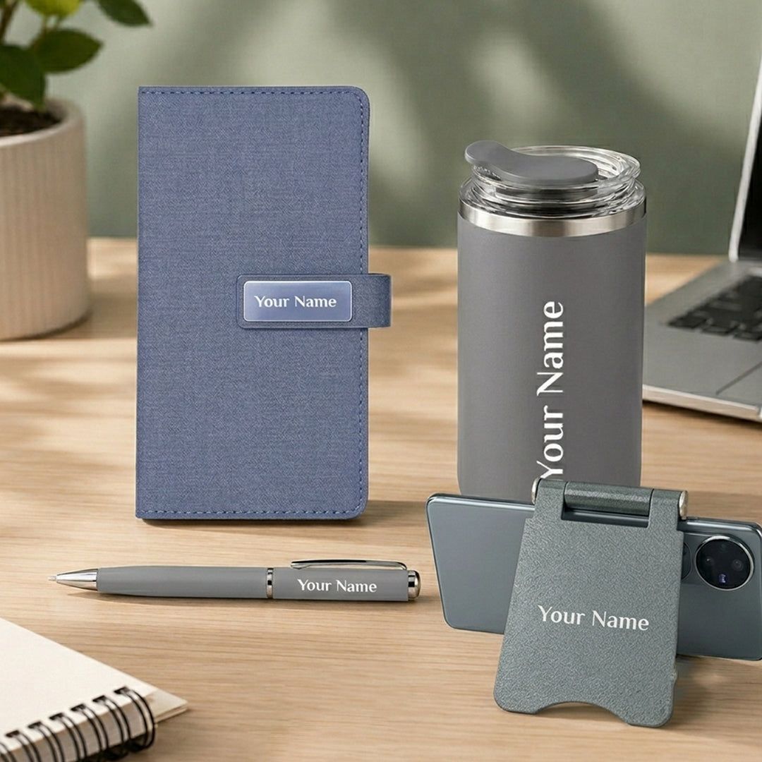 Personalized Mini Diary, Pen, Tumbler & Phone Stand Gift Set