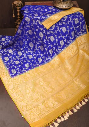 Exquisite Tussar Georgette Jaal Silk Saree in Blue and Yellow with Silver Jaal | SILK MARK CERTIFIED