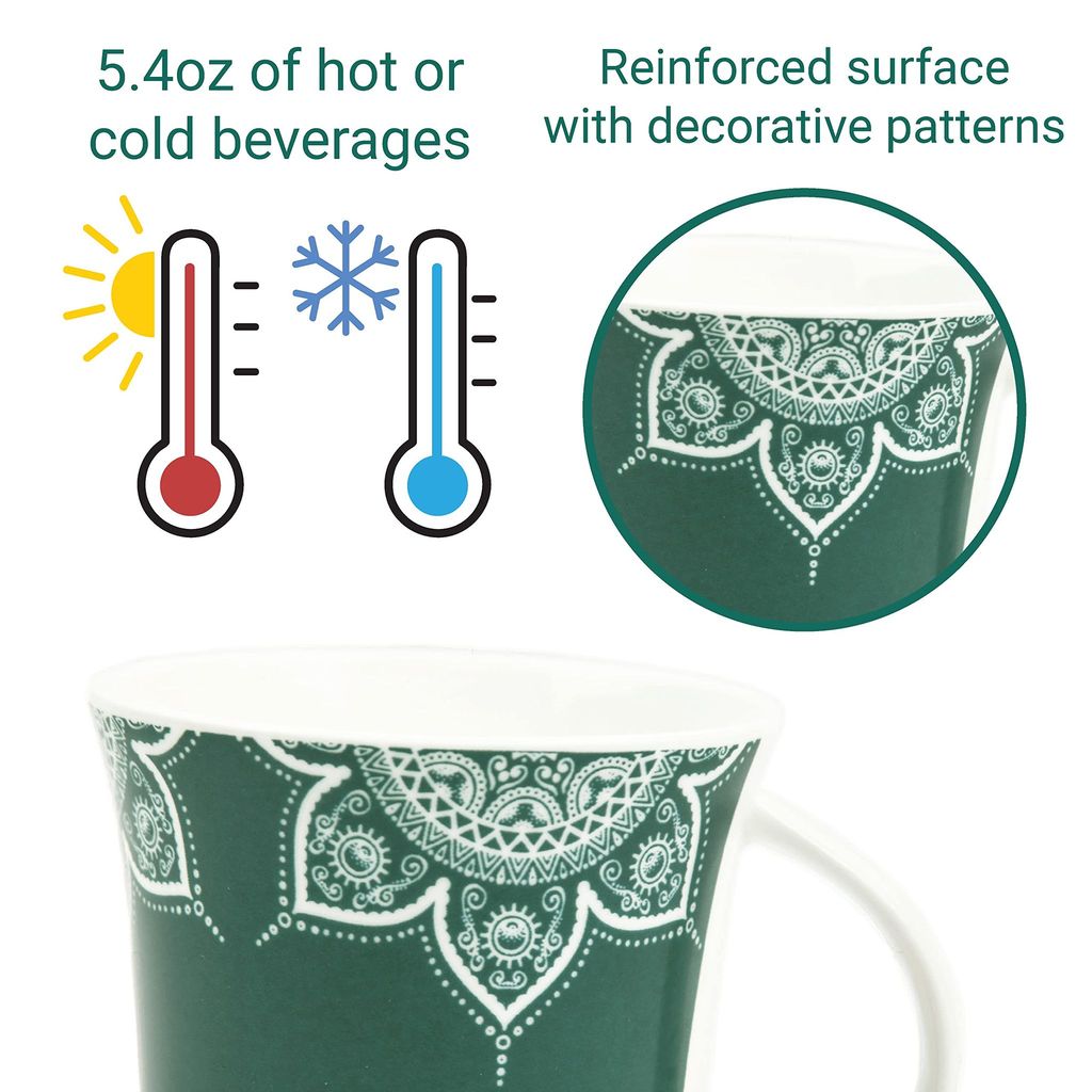 Femora Turquoise Green Cosmic Mehendi Tea Cups, Ceramic Tea Cups, Coffee Mugs (160 ml) - 6 Pcs Set (Green)