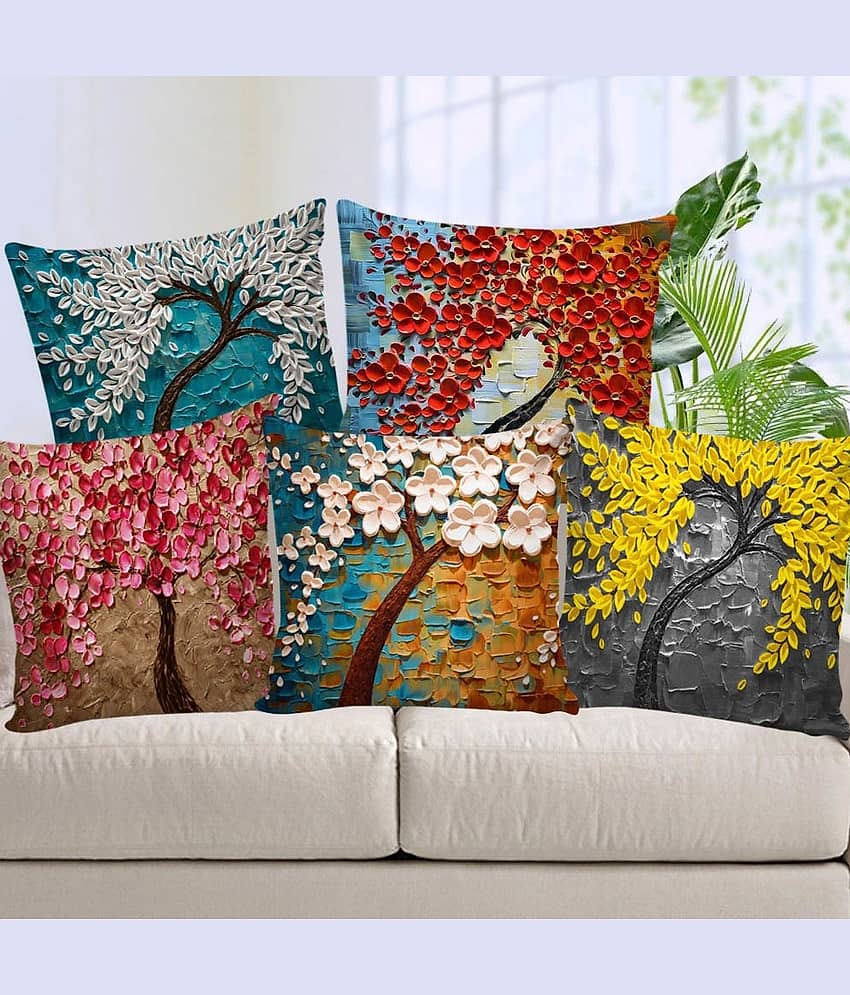 Laphino Set of 5 Jute Floral Square Cushion Cover (40X40)cm - Multi