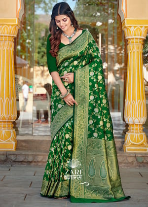 Garden of Roses: Banarasi Floral Jaal Katan Silk Saree in the Shades of Green