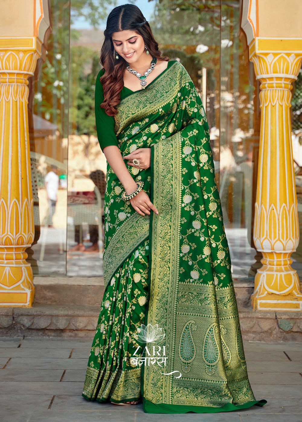 Garden of Roses: Banarasi Floral Jaal Katan Silk Saree in the Shades of Green