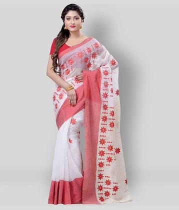 Desh Bidesh Cotton Blend Printed Saree With Unstitched Blouse Piece ( White )
