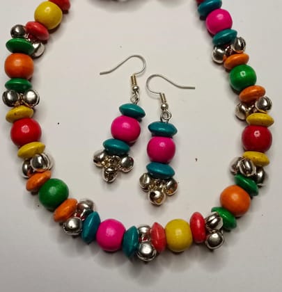 Vibrant Bohemian Wooden Beads Necklace Set with Silver Bells