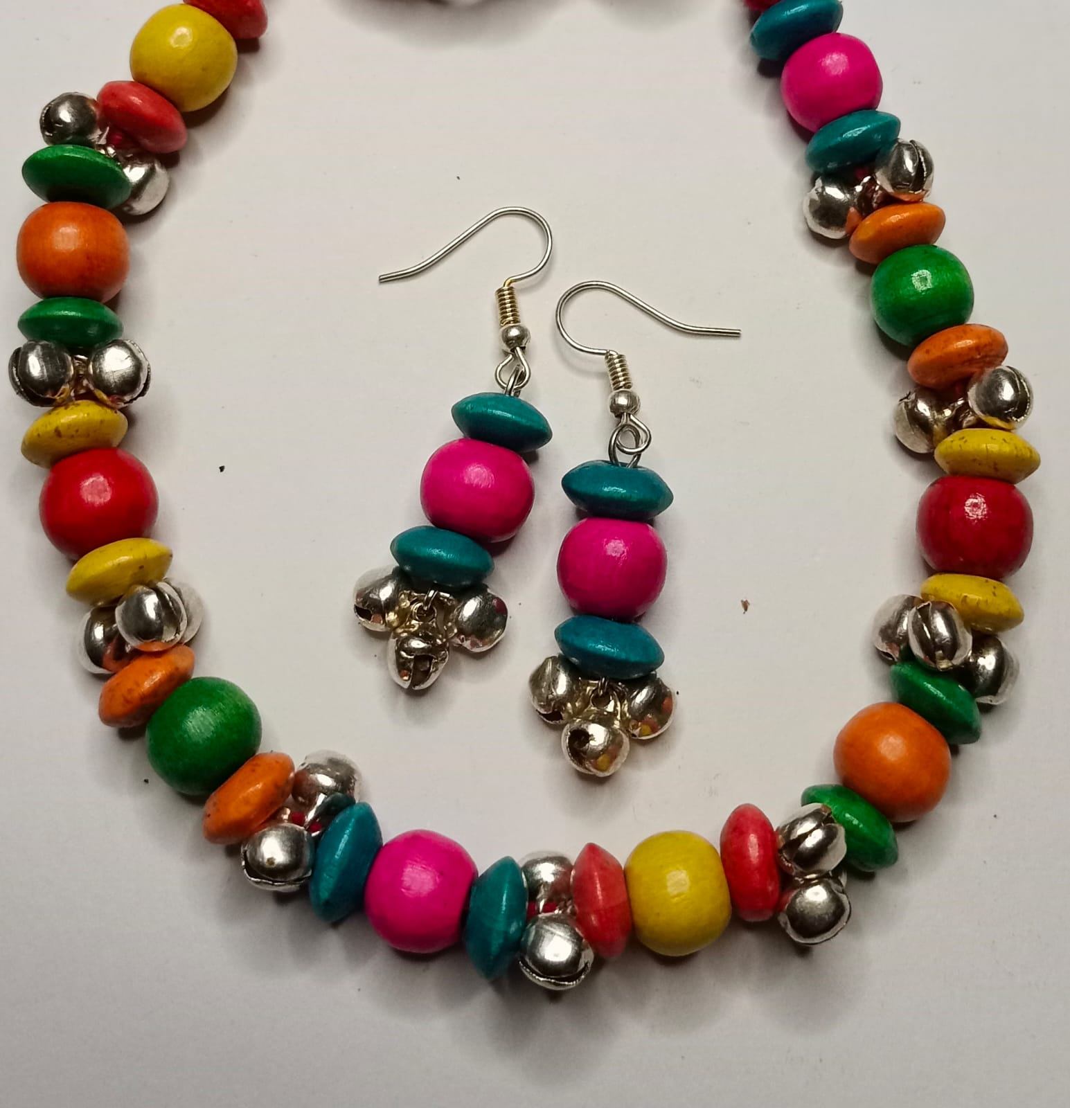 Vibrant Bohemian Wooden Beads Necklace Set with Silver Bells