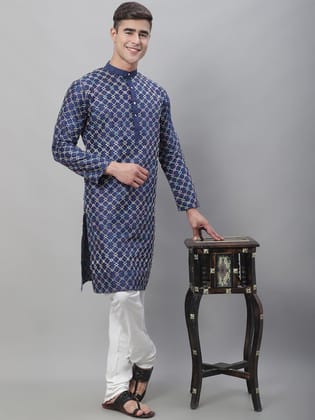 Men's Silk Blend NavyBlue Kurta With Multi Color Embroidery and Off-White Pyjama-36