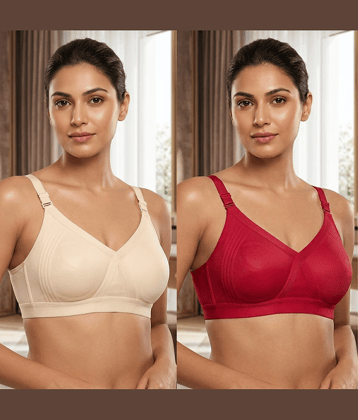 love girl Pack of 2 Cotton Blend Non Padded Everyday Bra For Women ( Red,Cream )