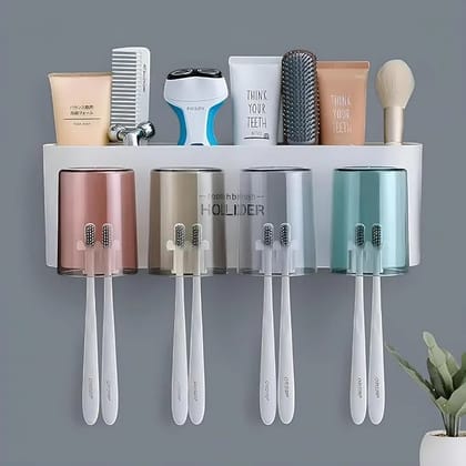 Wall Mounted Toothbrush Holder with Toothpaste Dispenser Bathroom Organizer Storage Rack Multi Functional Brush Stand Hygienic Dustproof Family Use Space Saving Durable Design vivinin (4 Cups)