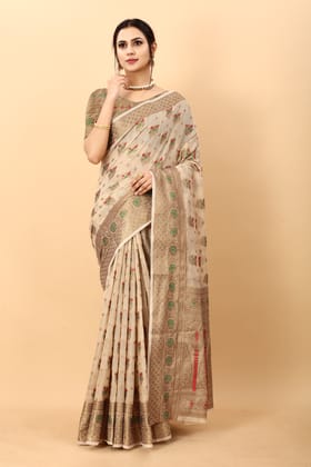 Yavira silk Women's Cream Handwoven Chanderi Saree