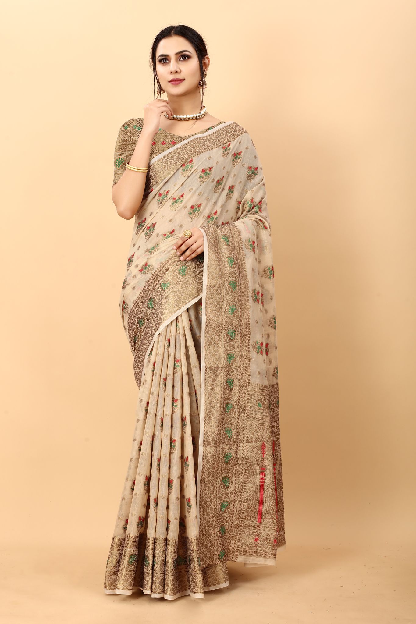 Yavira silk Women's Cream Handwoven Chanderi Saree