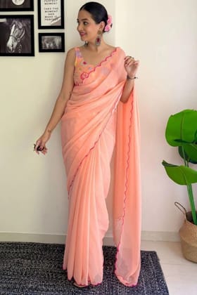 Flamboyant Peach Georgette Saree With Embroidery Sequence Work Blouse Piece