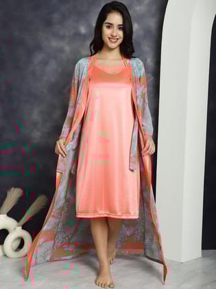 Peach color Abstract Printed Polyester Nightdress With Robe-S