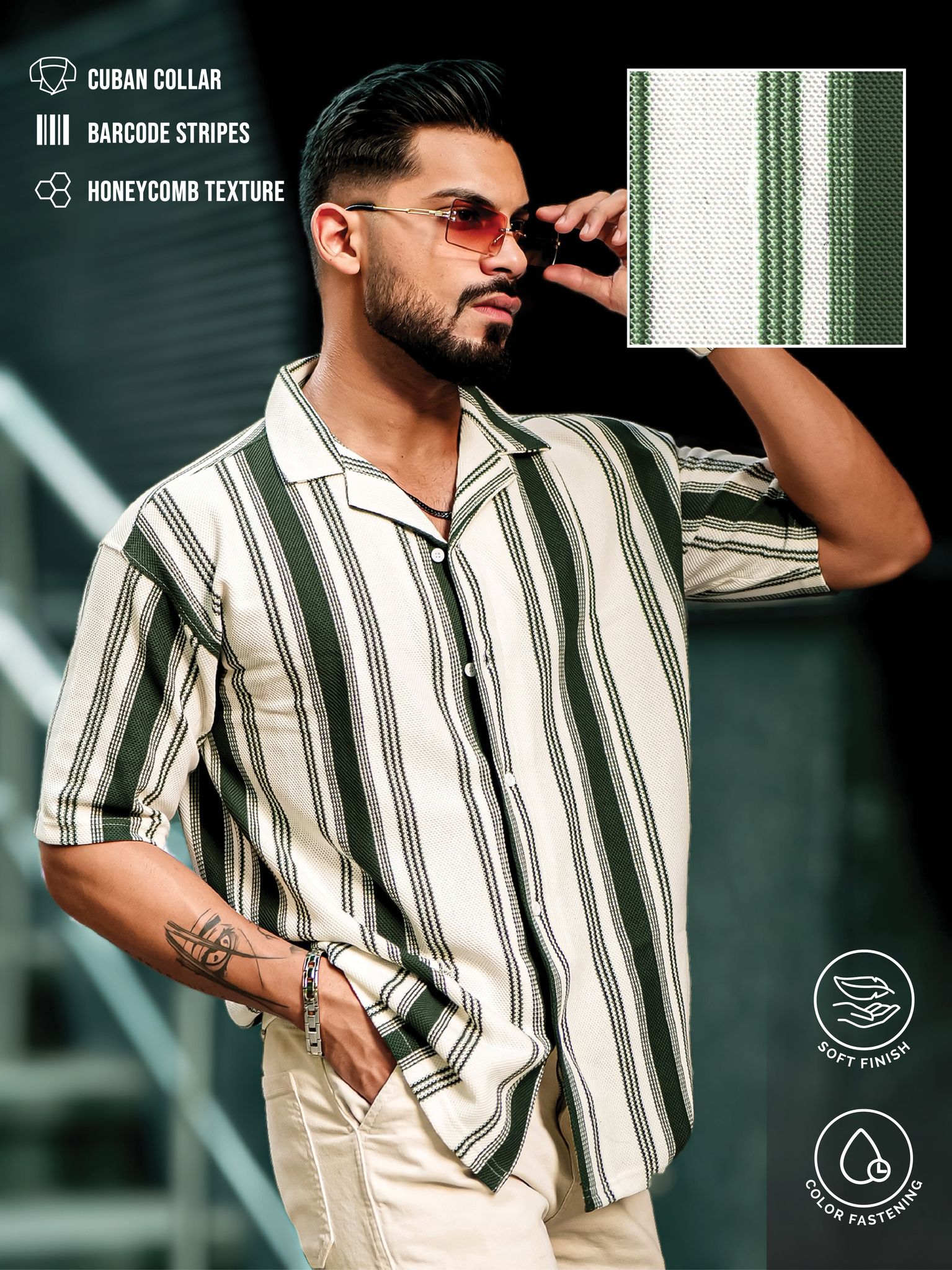 Barcode Stripe Bottle Green Shirt-S / Bottle Green