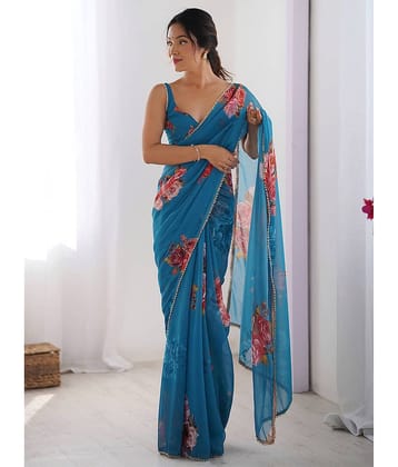BLEESBURY Georgette Printed Regular Saree With Unstitched Blouse Piece ( Blue )