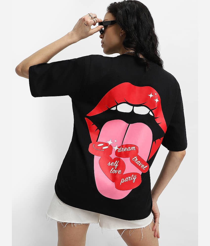 JUNEBERRY Women Cotton Printed Oversized Fit Round Neck T-Shirt ( Black )