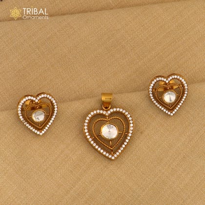 925 sterling silver heart shape white kundan stone polki charm necklace set stylish jewelry set744