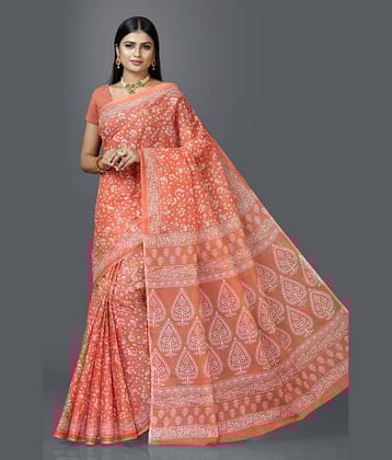 SHANVIKA Cotton Printed Saree Without Blouse Piece ( Coral )