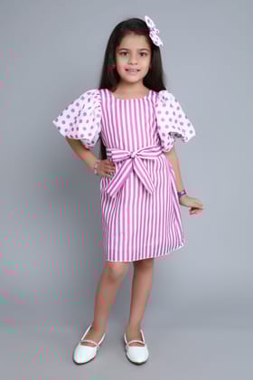 PinkChick Puff Sleeves Aline Dress With Matching Bow Clip -Purple-1-2Y / Purple