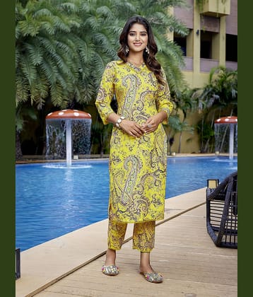 Royal Export Viscose Printed Kurti With Pants Women's Stitched Salwar Suit - Yellow ( Pack of 1 )