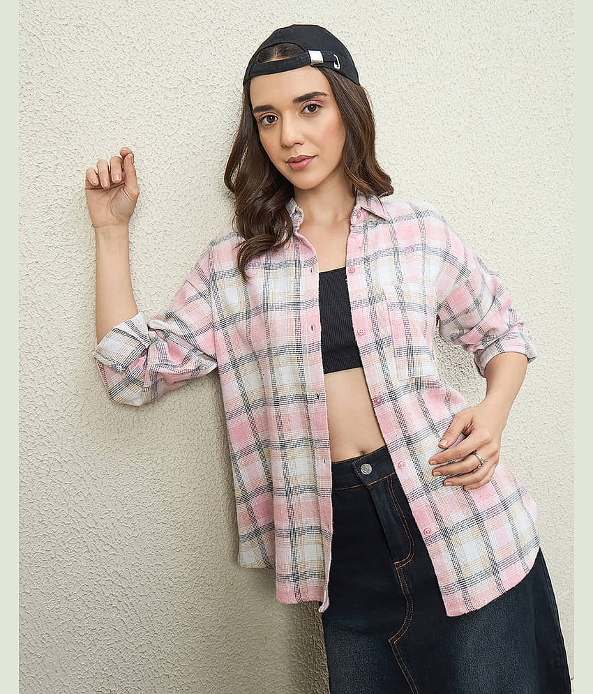 Chimpaaanzee Women Checked Cotton Shirt ( Pink )