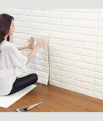 SWIPE N SEE PACK OF 2 Brick 3D Wallpaper PE Foam self Adhesive Brick Design Wall Stickers/DIY Wallpaper for Home Hotel Living Room Bedroom Cafe Deco White