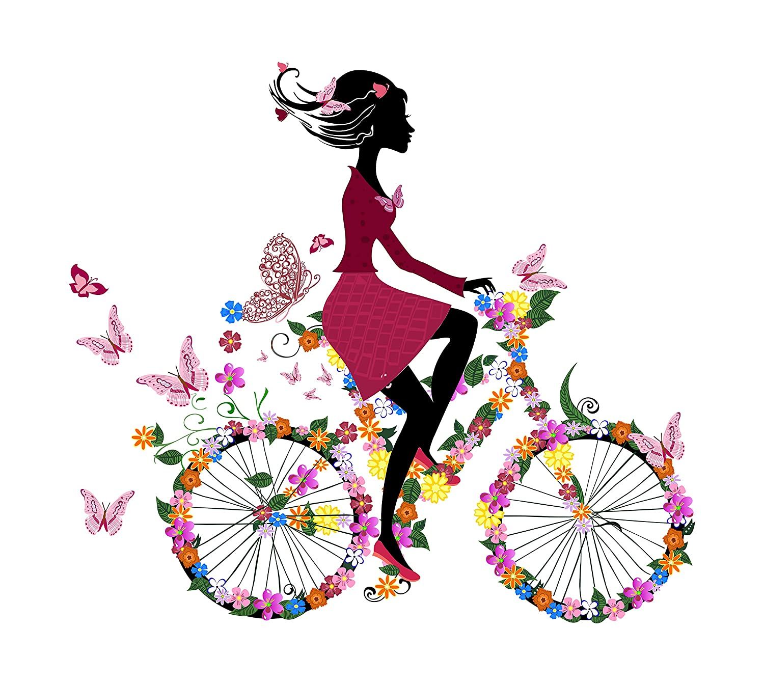 DreamKraft Girl on Bicycle with Flowers Wall Sticker (Multicolor PVC Vinyl 89 cm X 76 cm)