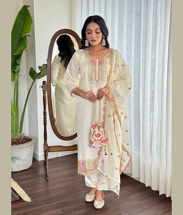 Niza Fashion Viscose Embroidered Kurti With Pants Women's Stitched Salwar Suit - Cream ( Pack of 1 )
