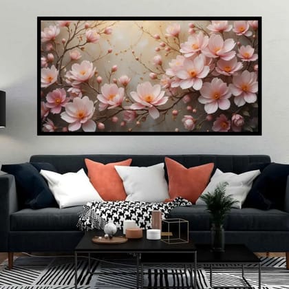 Luminary Blossom Dreamscape – Designer Cotton Canvas Art for Luxurious Home Styling | Frame Size (127 X 69 Cm) | Frame Type (Black) | 5-Year Warranty