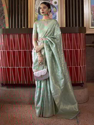Wonderful Sea Green Soft Banarasi Silk Saree With Mesmerising Blouse Piece