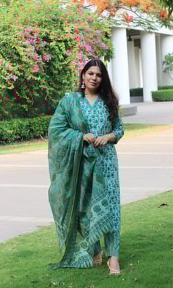 Cotton Block Print Earthy Green Suit Set with Printed Cotton Dupatta-XXS
