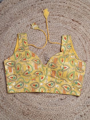 Yellow Colour Designer Women Padded Blouse with Multi Colour Thread & Sequence work (38 Inch Bust Size with 2 Inch Margin both side, customer can alter as per their need)-Free Size / Yellow