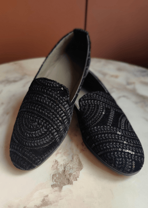 Black Sequin Designer Embroidery Loafer Shoes-8 / Black