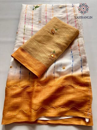 New Function Wear Cotton Linen Fabric Print n Hand Katha Thread With Mirror Work Fancy Designer Saree-Orange
