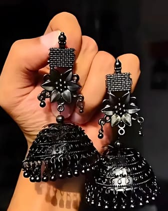 Stunning Black Oxidised Big Flower Jhumka Earrings for Festive Glamour  by Print Magical Gifts