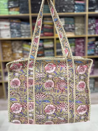Handblock Printed Quilted Tote Bag with concealed zip ( 17x18x 6 inches)