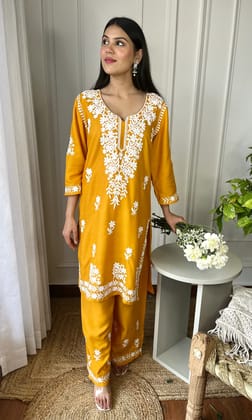 Mustard Yellow Chikankari Kurta Set-XL