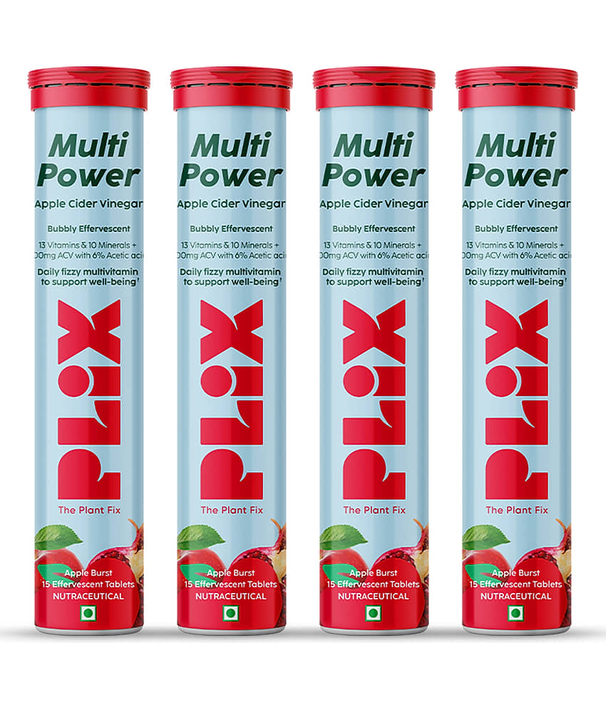 Plix Apple Cider Vinegar 15 Effervescent Tablets Apple Burst with Vitamin B12 (4 x 15 No)