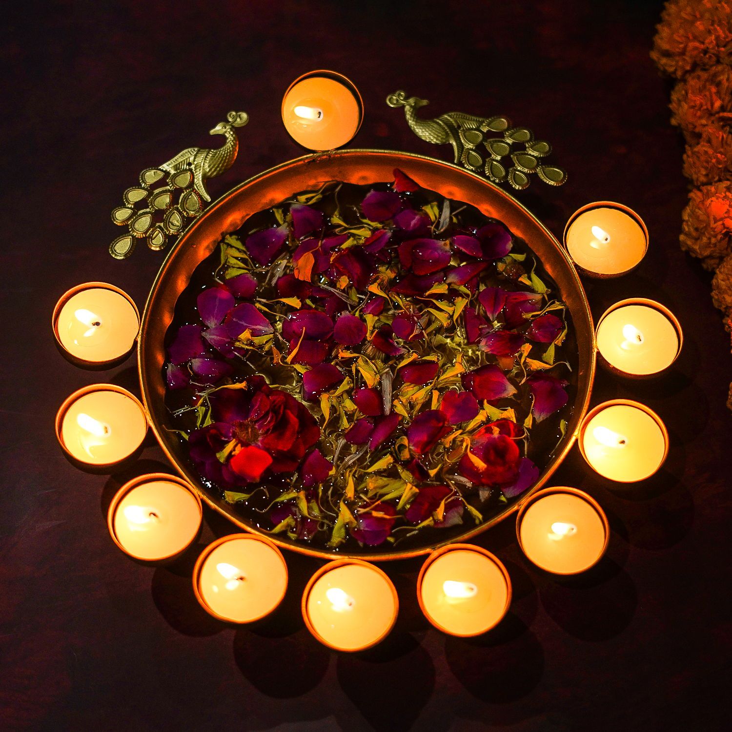 Craftlayout Craftlayout Peacock Diya Urli Bowl For Home Décor, Gift-12 Inch Gold