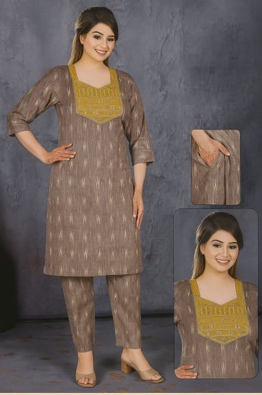 Women's Cotton Kurta Pant Set, Brown 3/4Sleeve