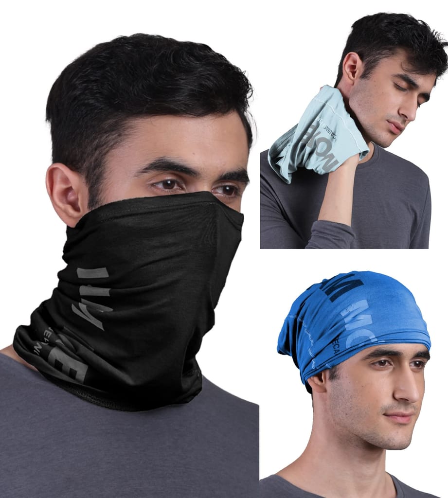 FREECULTR Unisex Bamboo Bandana, Anti Microbial Super Soft & Comfort Fit, Breathable Multipurpose Headband, Face Mask for Dust Protection and Sun - Printed Pack of 3-Black,Chalk Blue,Pilot Blue